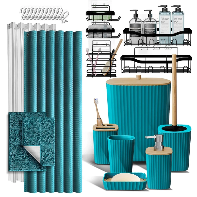 Shower Caddy and Bathroom Accessories Set with Bath Rugs, 27PC Bathroom Accessory Set with Shower Caddies Teal Bath Rugs, Shower Curtain Set, Toilet Brush, Trash Can, Soap Dispenser, Toothbrush holder