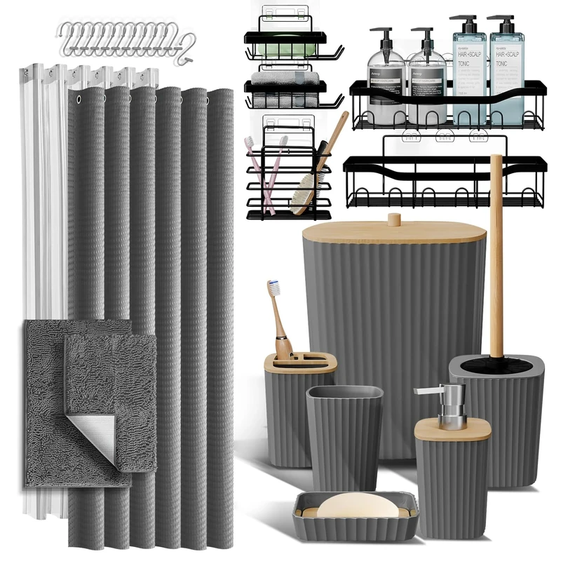 Shower Caddy and Bathroom Accessories Set with Bath Rugs, 27PC Bathroom Accessory Set with Shower Caddies Grey Bath Rugs, Shower Curtain Set, Toilet Brush, Trash Can, Soap Dispenser, Toothbrush holder
