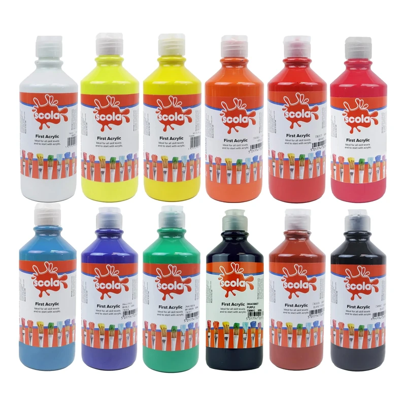 Scola Acrylic Starter Paint, 12 Assorted Colours, 500ml Bottles, Safe Non-Toxic Paints, Washable, Craft Projects, Sponge Painting, For Children