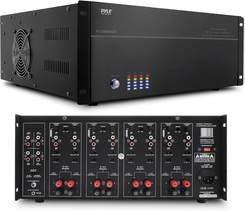 Pyle Amplifier - 8 Multi-Zone Stereo Amplifier Hifi, 19” Rack Mount, Powerful 8000 Watts Amp, w/Speaker Selector Volume Control, Hifi Amplifiers, w/LED Display, Av Receiver 4-Ch. Bridgeable Switches