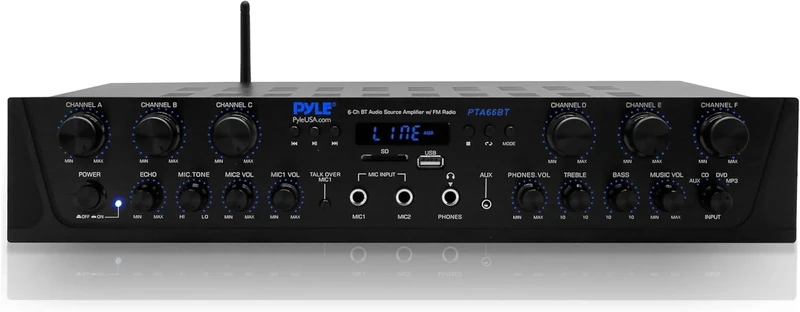 Pyle Bluetooth Amplifier Hifi - 600W Karaoke Mini Amp Wireless, 6 Channel Hi Fi Amplifier Stereo AV Receiver & Amplifiers w/Digital LCD, Headphone Jack, 1/4'' Microphone IN USB SD AUX RCA FM Radio