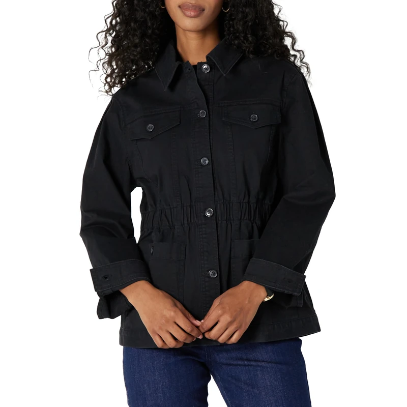 Amazon Essentials Women's Relaxed-Fit Dropped Shoulder Mid-Weight Cotton Twill Jacket, Black, M