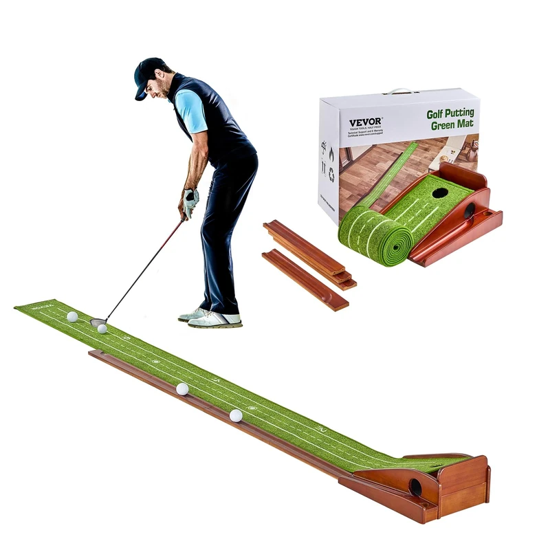 VEVOR Golf Putting Mat, 1 Hole Indoor Golf Putting Green, Wrinkle-Free Golf Training Aid, Alignment Guide, and Wood Base, Game Practice Gift for Home Office