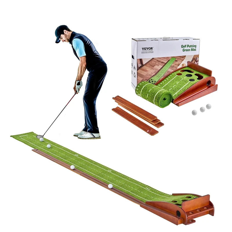 VEVOR Golf Putting Mat, Golf Mat with 5 Holes, Indoor Golf Practice Mat, Mini Golf Set with Automatic Ball Return, Alignment Guide, 3 Balls, Wooden Base, Golf Training Equipment