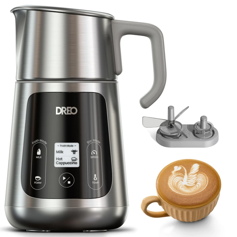 DREO All in 1 Milk Frother, Electric Milk & Hot Chocolate Maker, Quiet Frother for Latte Art Microfoam and Cappuccino, 30+ Drink Options, Easy to Clean, Dishwasher Safe, LED Display