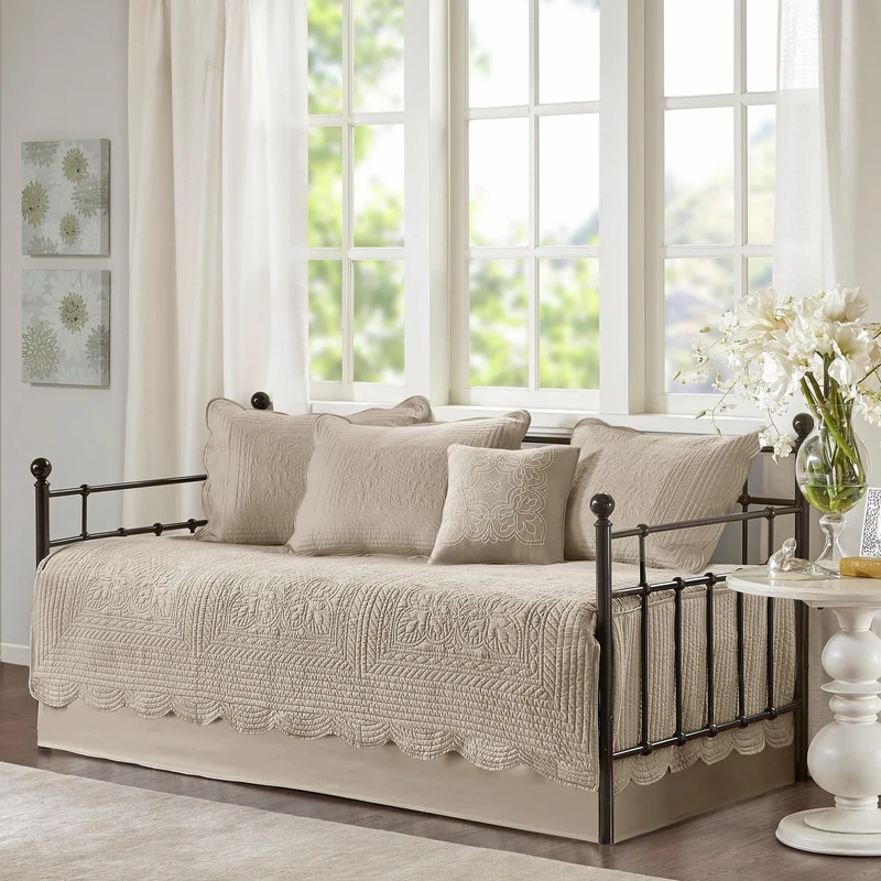 Madison Park Daybed Cover Set Damask Quilted Cover for Daybeds, All Season, Pre-Washed Cotton-Filled Coastal Bedding with Scallop Edge, Shams, Bedskirt, Décor Pillows, Tuscany, Daybed Khaki 6 Piece