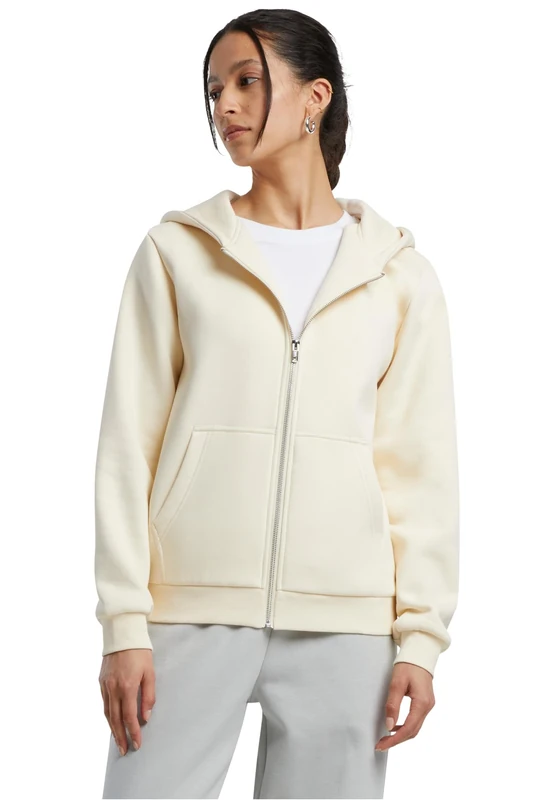 Build your Brand Women's Fluffy Zip Hoody, Cosy Hooded Jacket in Relaxed Fit, Basic for Everyday and Leisure, Whitesand., L