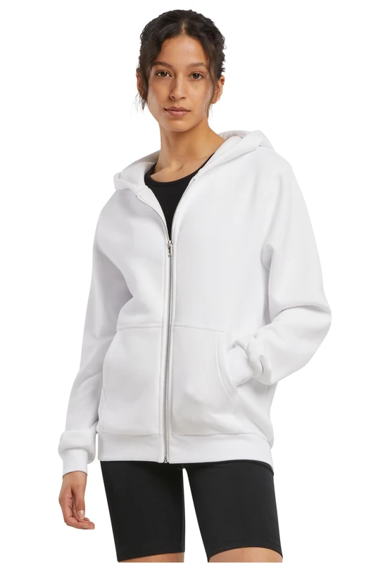 Build your Brand Women's Fluffy Zip Hoody, Cosy Hooded Jacket in Relaxed Fit, Basic for Everyday and Leisure, White, 5XL
