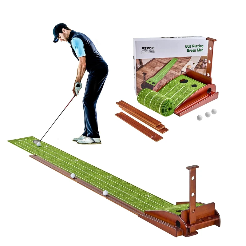 VEVOR Golf Mat 2 Holes, Golf Mat for Indoor Outdoor, Mini Golf Set with Automatic Ball Return, Alignment Guide, Wooden Base, Golf Training Equipment, Green