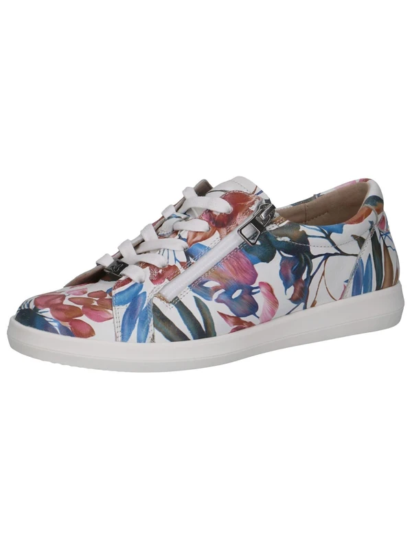CAPRICE Women's Flat Leather Sneakers Low Top, Multicolor (White Flower), 5 UK