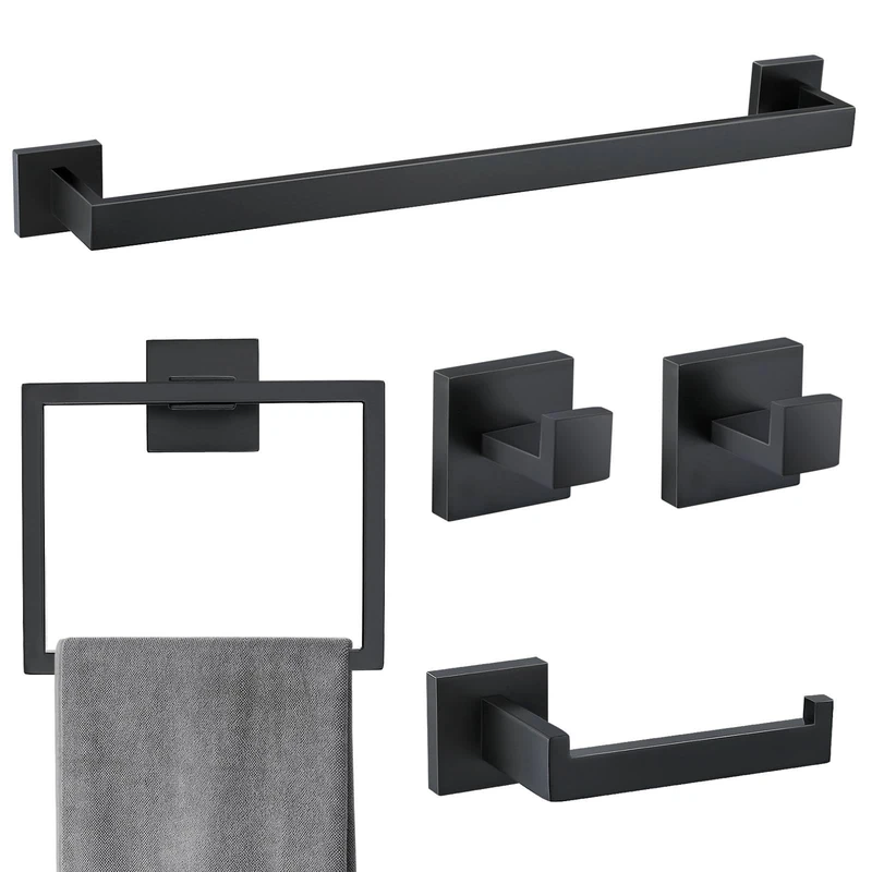 5 Pieces Bathroom Hardware Accessories Set Matte Black Towel Bar Set Towel Holder Racks Set for Bathroom,SUS304 Stainless Steel,Wall Mounted 23.6-Inch