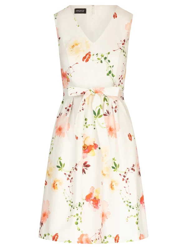 APART Fashion Women's Bedrucktes Satinkleid Dress, Cream-Multicoloured, 10