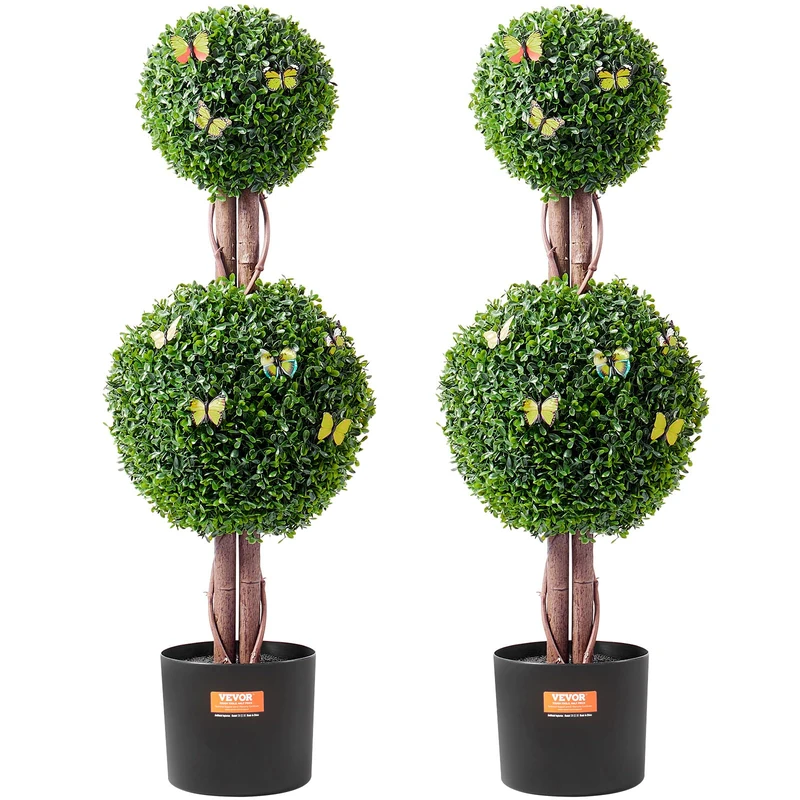 VEVOR Artificial Boxwood Topiary Tree, 36 inch Tall (2 Pieces), Double Ball Faux Topiary Trees, Faux Plant w/Extra Leaves & Pot & Small Decoration, UV Rated Set for Home Decor Indoor/Outdoor