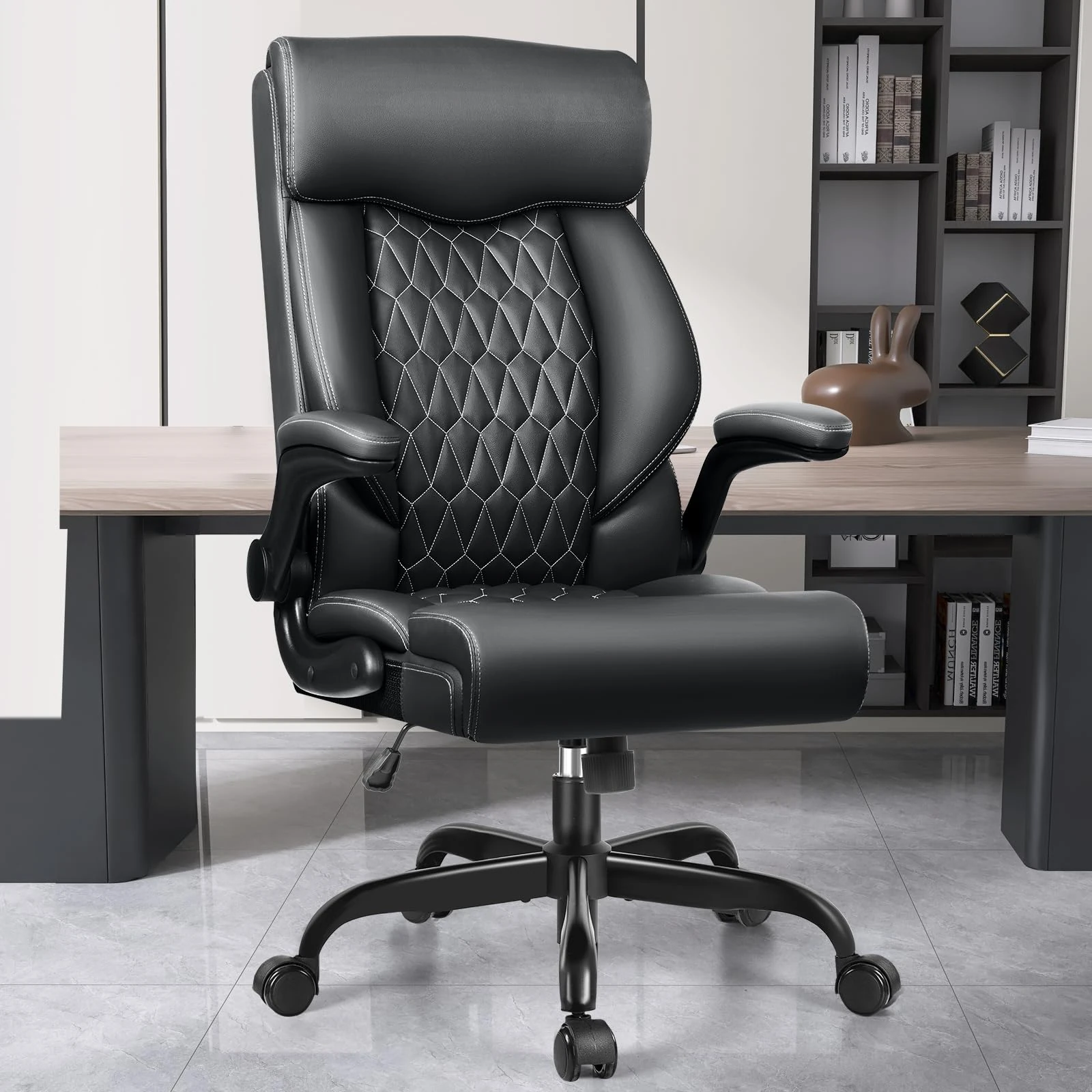 BestGlory Office Chair, High Back Executive Office Chair Ergonomic Computer Desk Chair with Rocking Function, Leather Managerial with Adjustable Flip-Up Armrests and Lumbar Support
