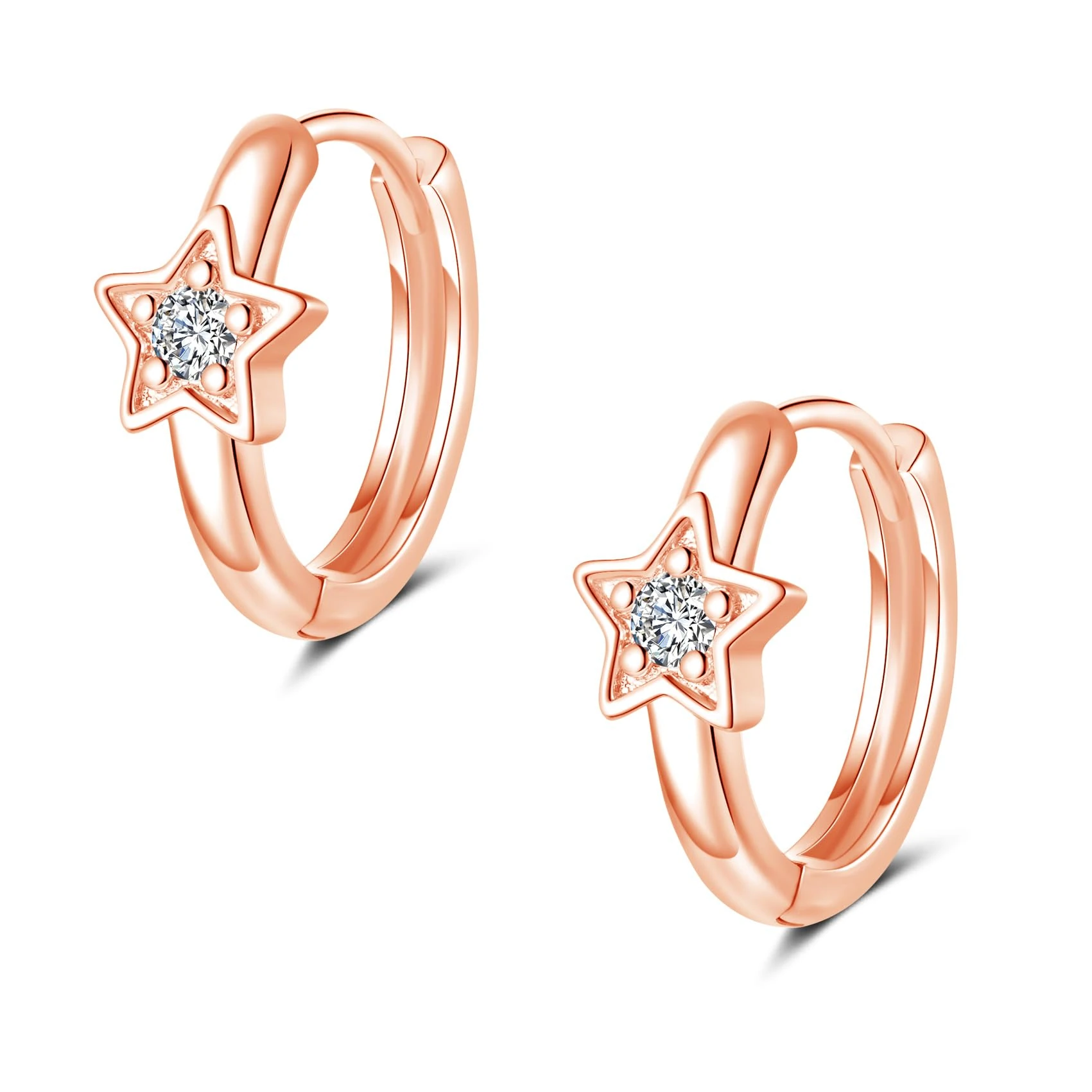 Loutade Silver & Rose Gold Star Hoop Earrings - Sterling Silver, Dainty CZ Sleeper Cartilage Earrings for Christmas