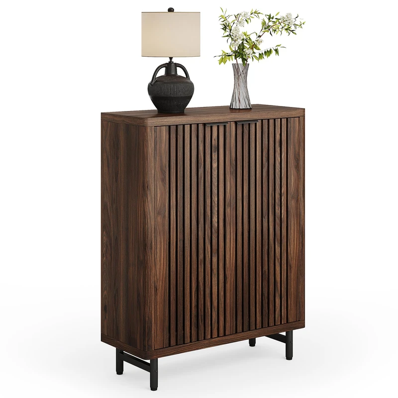 LITTLE TREE 6-Tier Shoe Cabinet with Doors for Up to 24 Pairs, Large Wooden Shoe Storage Cabinet with Adjustable Shelves, Retro Freestanding Shoe Organizer Cabinet for Entryway, Hallway, Dark Walnut