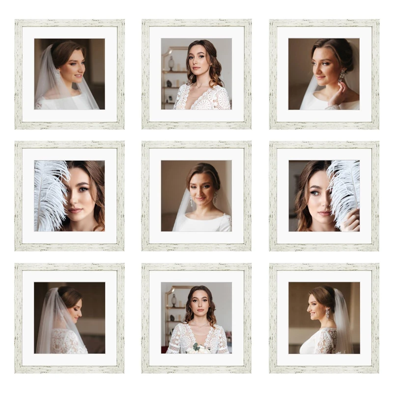 BSRHOME 10x10 Picture Frame Set of 9, Display Pictures 8x8 with Mat or 10x10 without Mat, Multi Collage Gallery Square Photo Frames for Wall or Tabletop, Distressed White