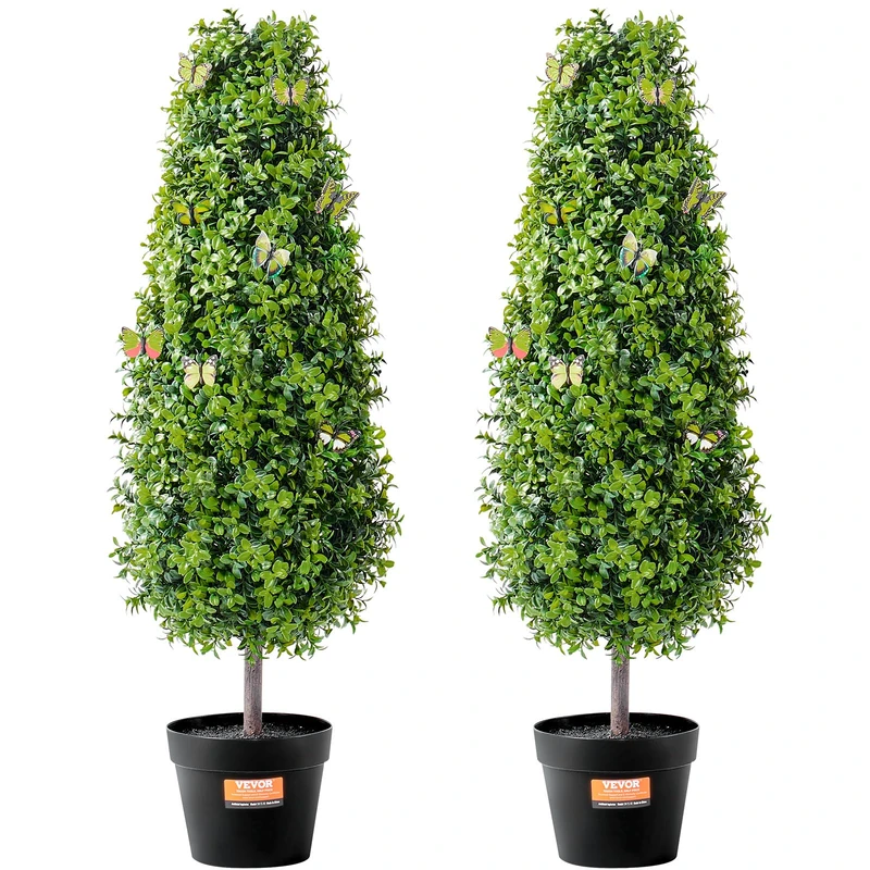 VEVOR Artificial Boxwood Topiary Tree, 36 inch Tall (2 Pieces), Faux Topiary Trees, Green Faux Plant w/Extra Leaves & Pot & Small Decoration, UV Rated Greenery Set for Home Decor Indoor/Outdoor