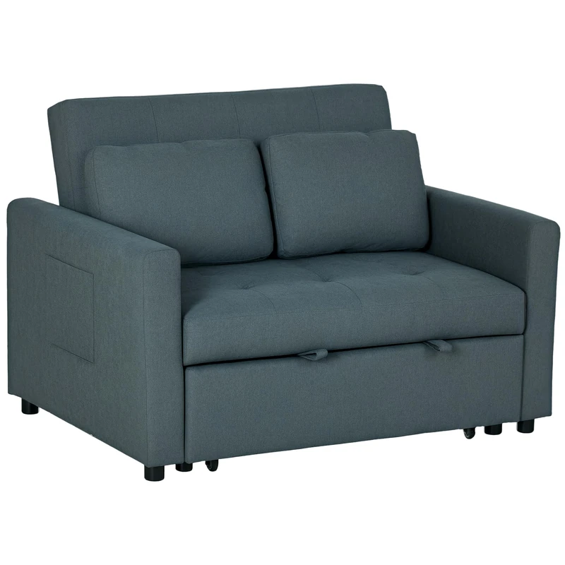 HOMCOM 2 Seater Sofa Bed, 120 cm Convertible Bed Settee, Modern Fabric Loveseat Sofa Couch with 2 Pillows, Side Pockets for Living Room, Guest Room, Charcoal Grey