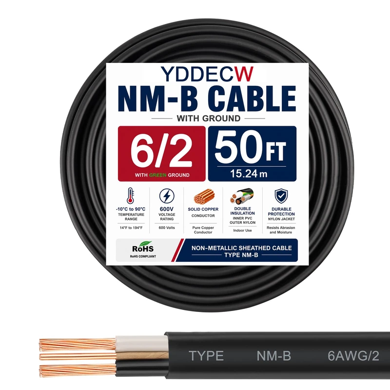 YDDECW 6/2 NM-B Wire with Ground - 50FT Non-Metallic Sheathed Cable 100% Pure Copper 6 AWG 2 Conductor Residential Indoor Wire for Outlets, Switches, Other Loads and Lighting Wiring Projects etc.