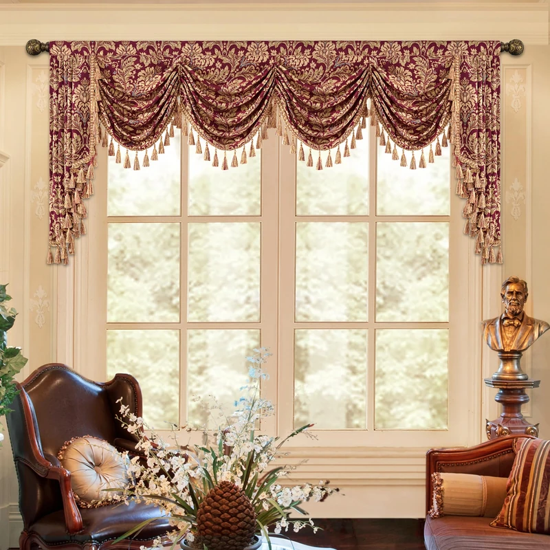 Loom and Mill Luxury Jacquard Waterfall Valance for Living Room, Classic Floral Damask Swag Valances with Tassels, Burgundy Red Swag Curtains for Bedroom Window Christmas Decoration(W110Inch,1 Panel)