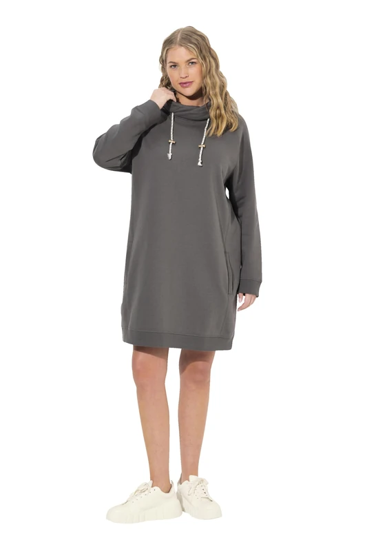 Ulla Popken Women's Sweat Dress, Stand-Up Collar, Long Sleeve, Pocket Dress, Graphite Grey, 28-30