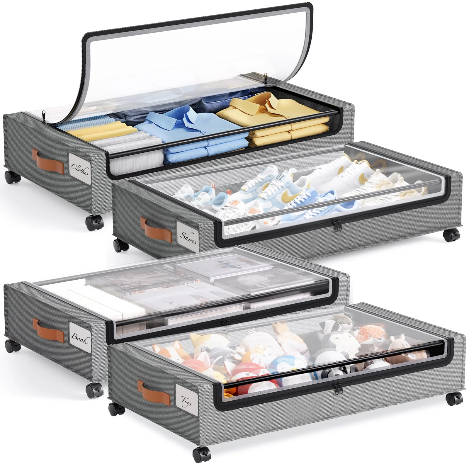 Yecaye 4 Pack Under Bed Storage with Wheels, Under Bed Storage Containers with Lids, Large Under Bed Rolling Storage with Clear Window & Label, Rolling Drawers for Clothes, Blankets, Books