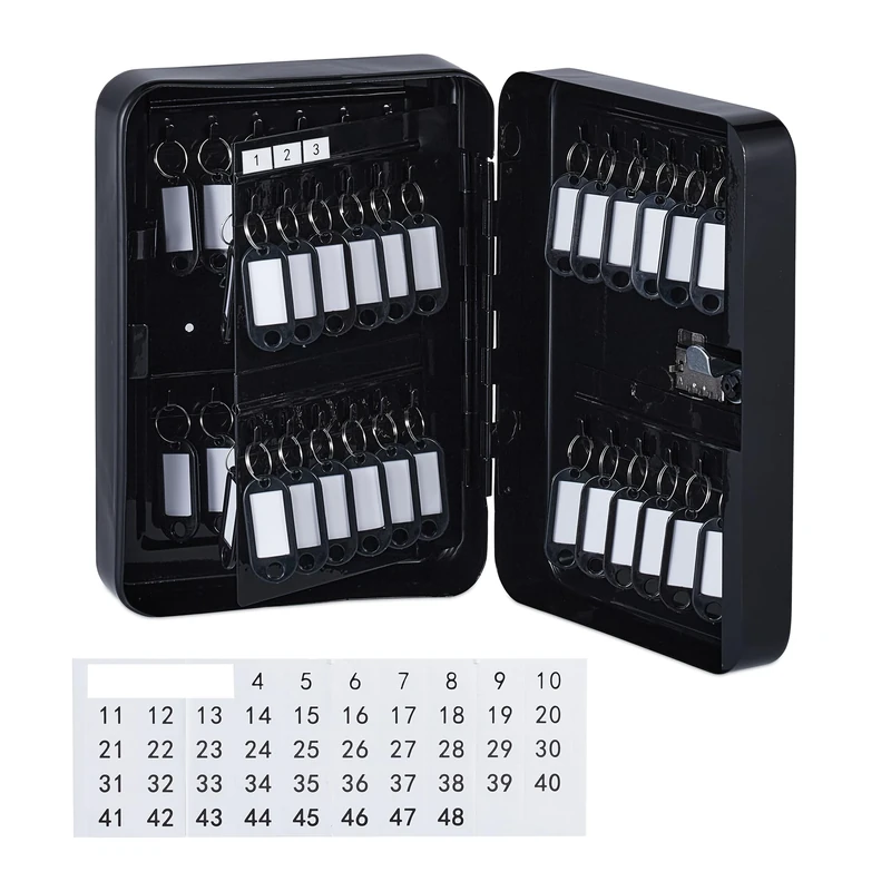 Relaxdays Key Box, Wall Cabinet, Combination Lock, 48 Hooks, with Key Rings, HWD: 25 x 18 x 7.5 cm, Cash Safe, Black