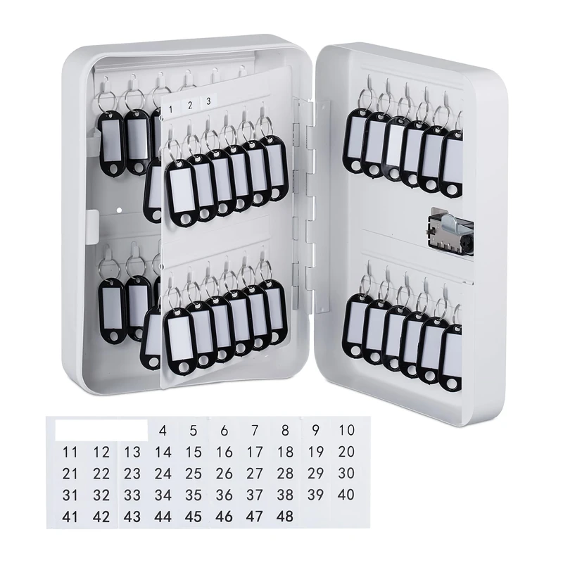 Relaxdays Box, Wall Cabinet, Combination Lock, 48 Hooks, with Key Rings, HWD: 25 x 18 x 7.5 cm, Cash Safe, White, Iron