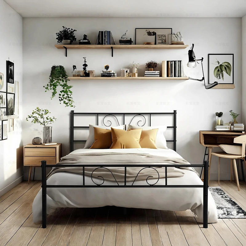 FurnitureR 4ft6 Double Bed, Metal Platform Bed Frame Solid Bedstead Base with Crochet-design Headboard and Footboard, Underbed Storage Space, Slatted Bed Fits for Teenagers/Adults, Black