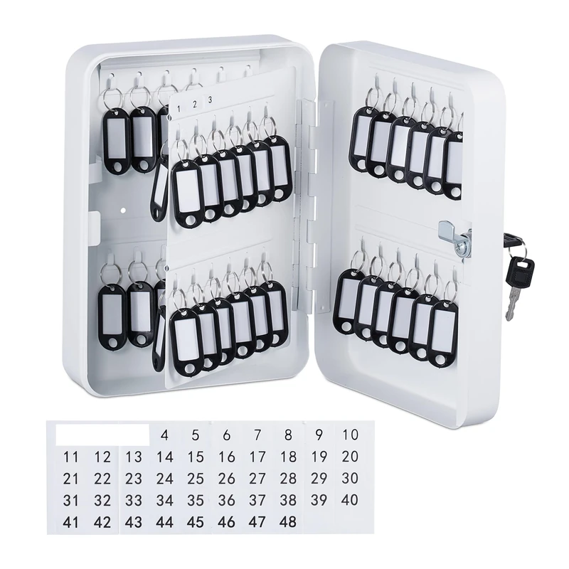 Relaxdays Lockable Key Box, Wall-Mounted Cabinet, 48 hooks, with Rings, HxWxD: 25 x 18 x 8 cm, Secure Safe, White, Iron