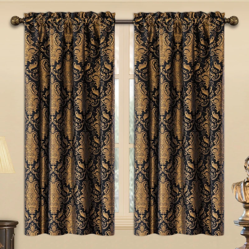 Loom and Mill Luxury Black Damask Curtains for Bedroom, Textured Lined Jacquard Curtains 2 Panels with Tiebacks, Window Curtain for Living Room Banquet Halloween Decor, Rod Pocket(42”x 63”, 2 Panels)