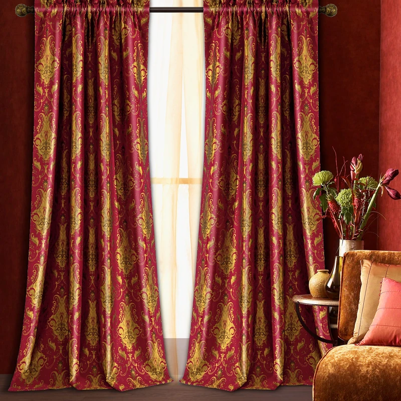 Loom and Mill Luxury Red Damask Curtains for Bedroom, 2 Panels, 52"W x108"L