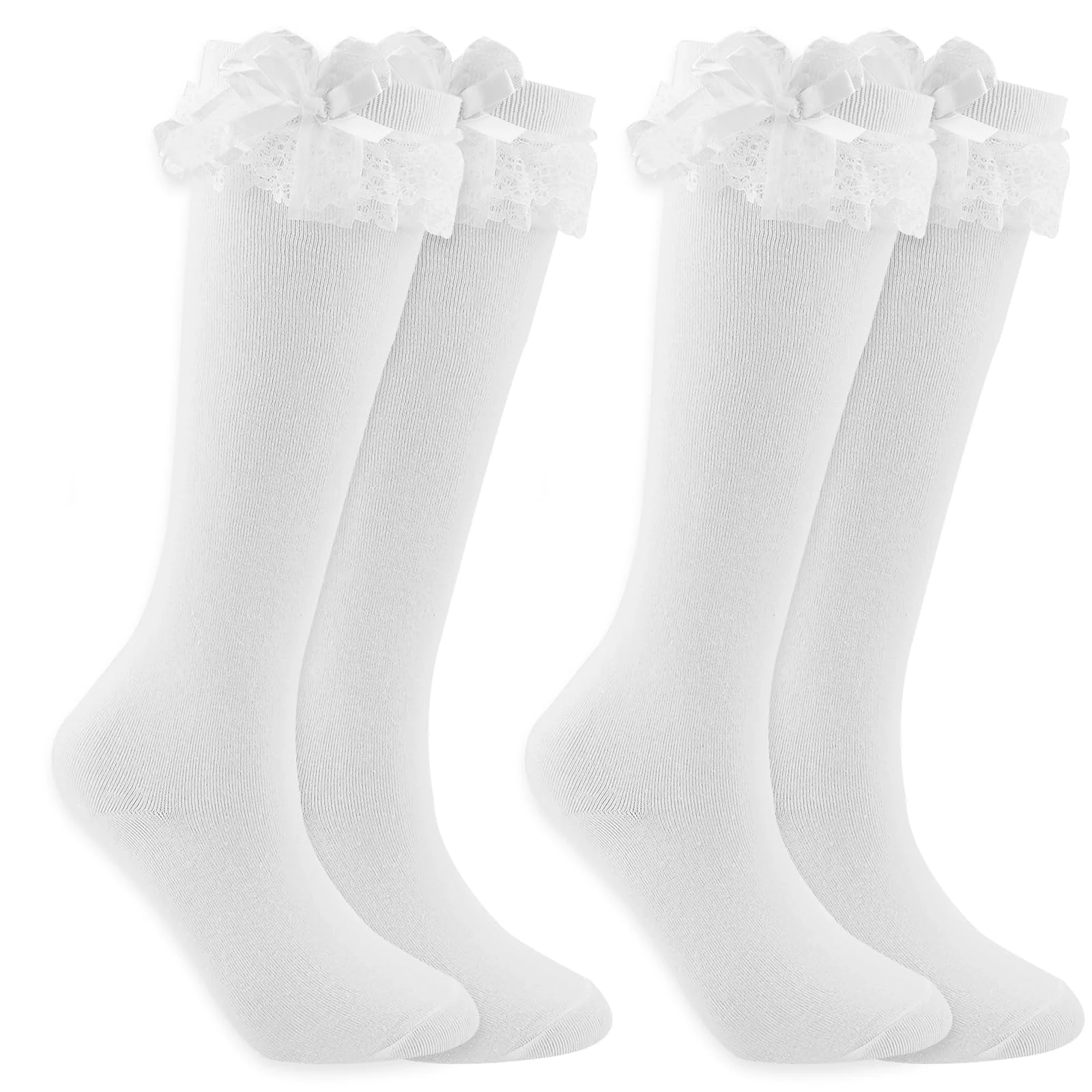 WinHoliLux 2Pair White Knee High Socks Lovely And Cute Lace Ruffle Bow Long White Socks, Opaque Bow Lace Thigh High School Stocking for Women Lolita Heiress Valentine's Day Favors(White+White)