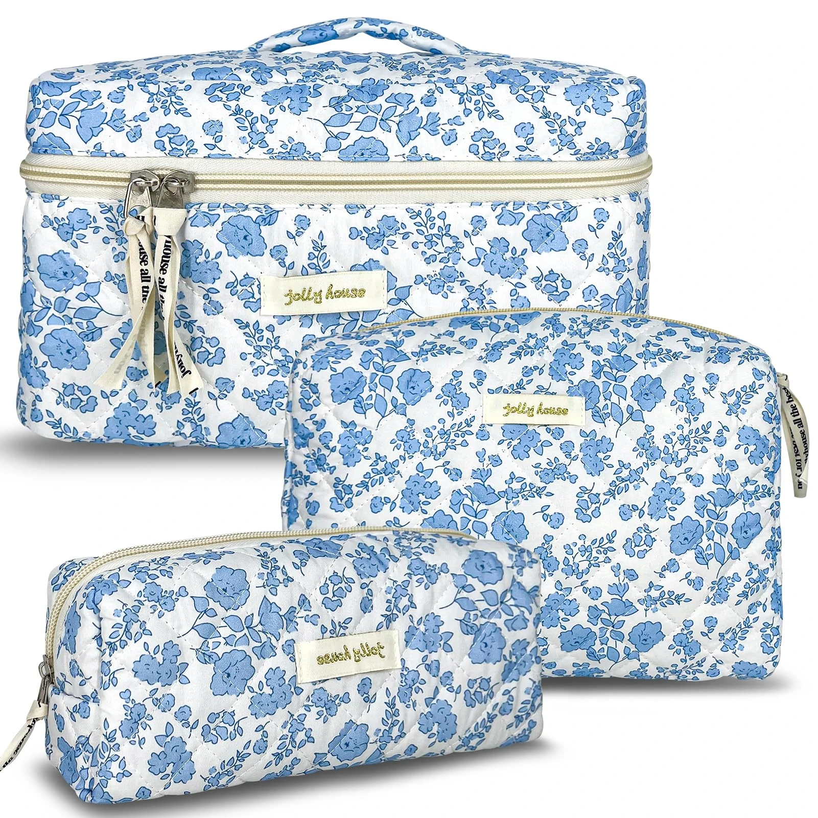 TOPALL Floral Cotton Quilted Makeup Bag - Classic Toiletry Pouch for Women & Girls - Blue Flower 3PCS (Large, Medium, Pouch)