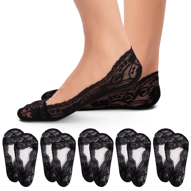 5 Pairs No Show Lace Socks for Women - Non Slip, Low Cut, Invisible (Black)