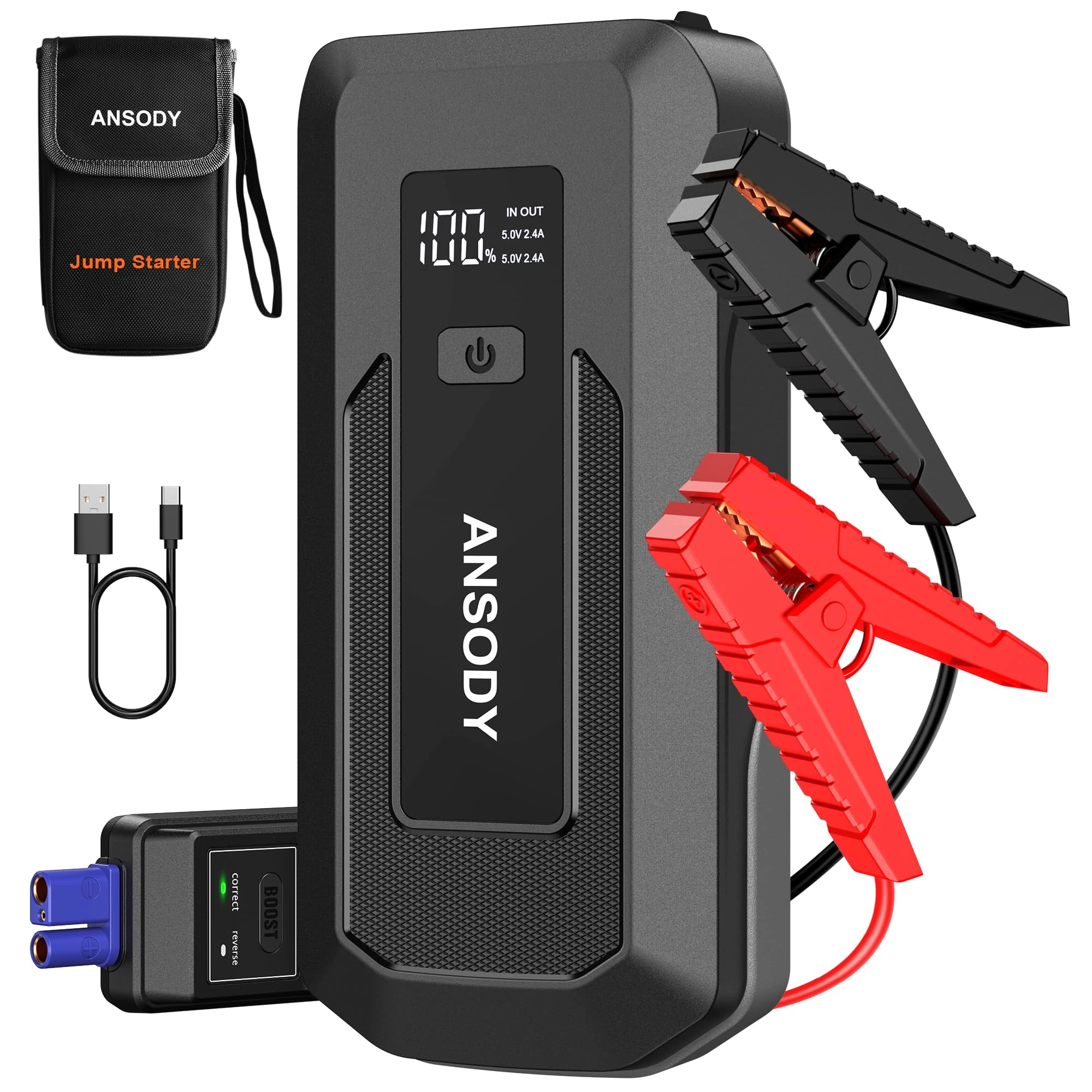 ANSODY 3000A Jump Starter Power Pack (Up to 10.0L Gas,8.0L Diesel), Car Battery Booster Jump Starter with Jump Leads, LED Flashlight, Jump Pack for 12V Vehicles Pickup SUV Motorcycle