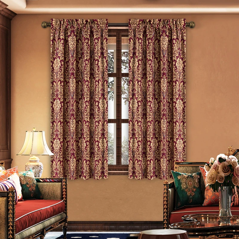 Loom and Mill Luxury Jacquard Curtains for Bedroom, Burgundy Red Lined Damask Curtains 2 Panels with Tiebacks, Floral Window Curtain for Living Room Banquet Christmas Decor(42”Wx 63”L, 2 Panels)