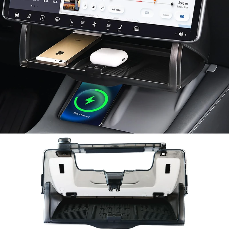 Heryvii Hidable Under Screen Storage for Tesla Model 3 Model Y 2016-2024, Upgrade Damping Slides and Press Switch Design, Open and Close Center Console Organizer Tray with Anti-Slip Pad