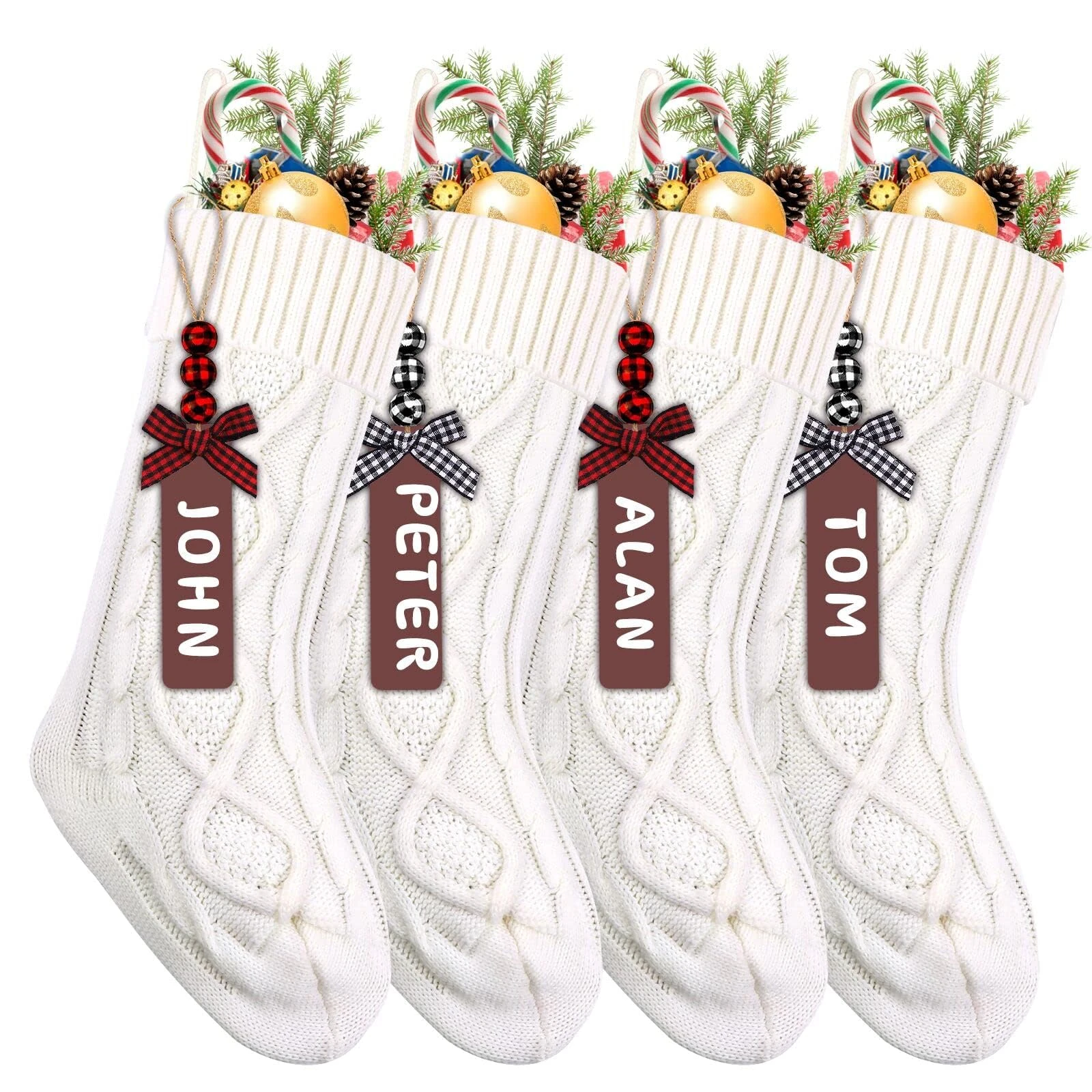 JOLCEEY 4pcs Christmas Stockings, 18 Inch Large Knit Christmas Stockings Personalized Xmas Hanging Stocking Decorations with Name Tags for Christmas Fireplace Tree Decorations