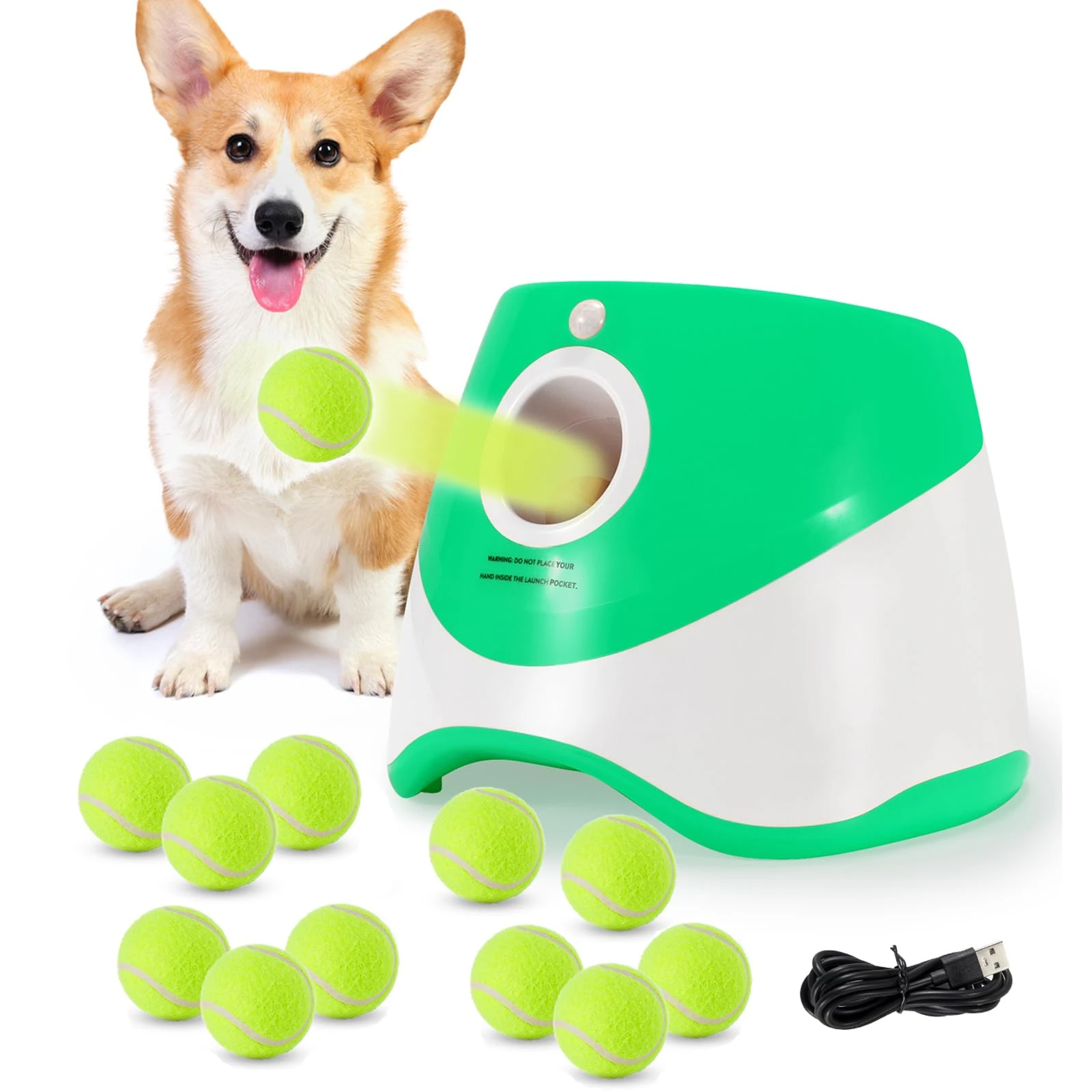 TIEXITOR Dog Ball Launcher with 12 Tennis Balls, Automatic Dog Ball Thrower for Indoor Outdoor, 3 Adjustable Distance 10-30 FT, Interactive Dog Toy Ball Fetch Machine for Small & Medium Dogs