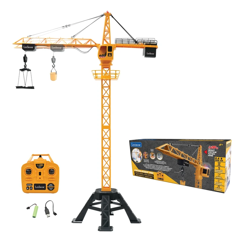 LEXIBOOK, Crosslander® Pro, RC Crane, Remote-controlled tower crane, Height 1.28 m/4.20 ft, Lifts up to 500g /1.10 lb, Multidirectional, Sound and light effects, Yellow, RCP35