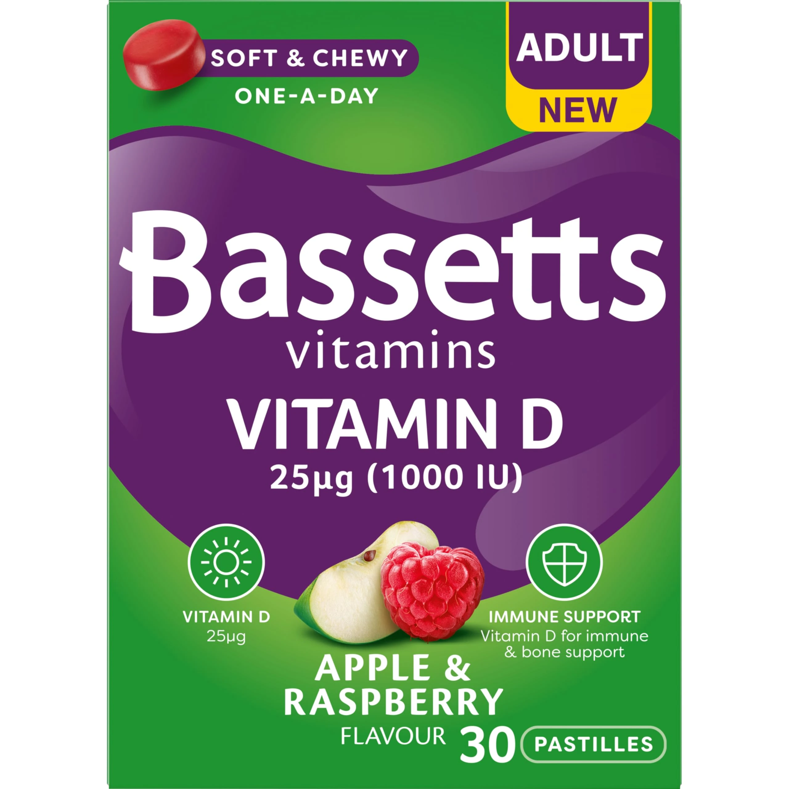 Bassetts Vitamins Adult Vitamin D Apple and Raspberry Flavour 30 Gummy Pastilles