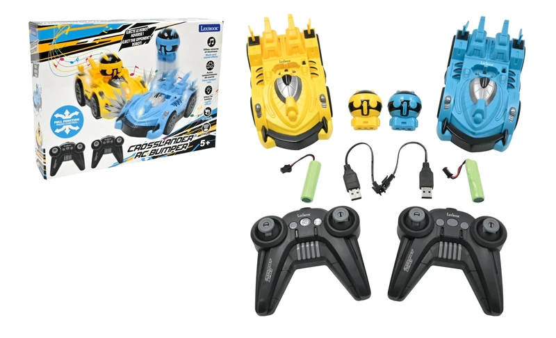 LEXIBOOK, Crosslander® RC Bumper, Set of 2 radio-controlled racer bumper cars, up to 12 km/h (7mph), 2 removable characters, Sound and light effects, Yellow/blue, RC2