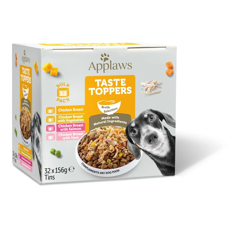 Applaws 100% Natural Wet Dog Food Topper, Chicken Selection in Broth, 156g Tin (Pack of 32 Cans) Bulk Pack