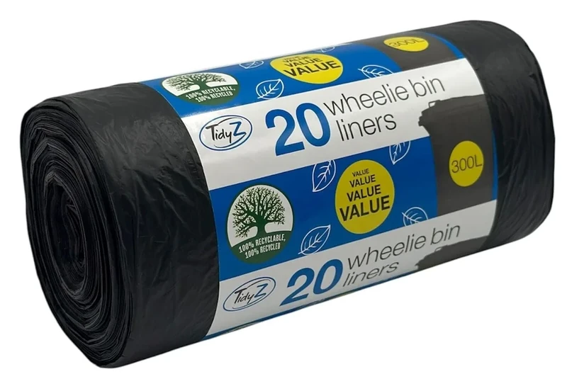 20 TidyZ Extra LARGE 300L Wheelie Bin Bags. Made from 100% Recycled plastic. Heavy Duty Black Wheelie Bin Liners. 18 microns. Fits all standard sized wheelie bins