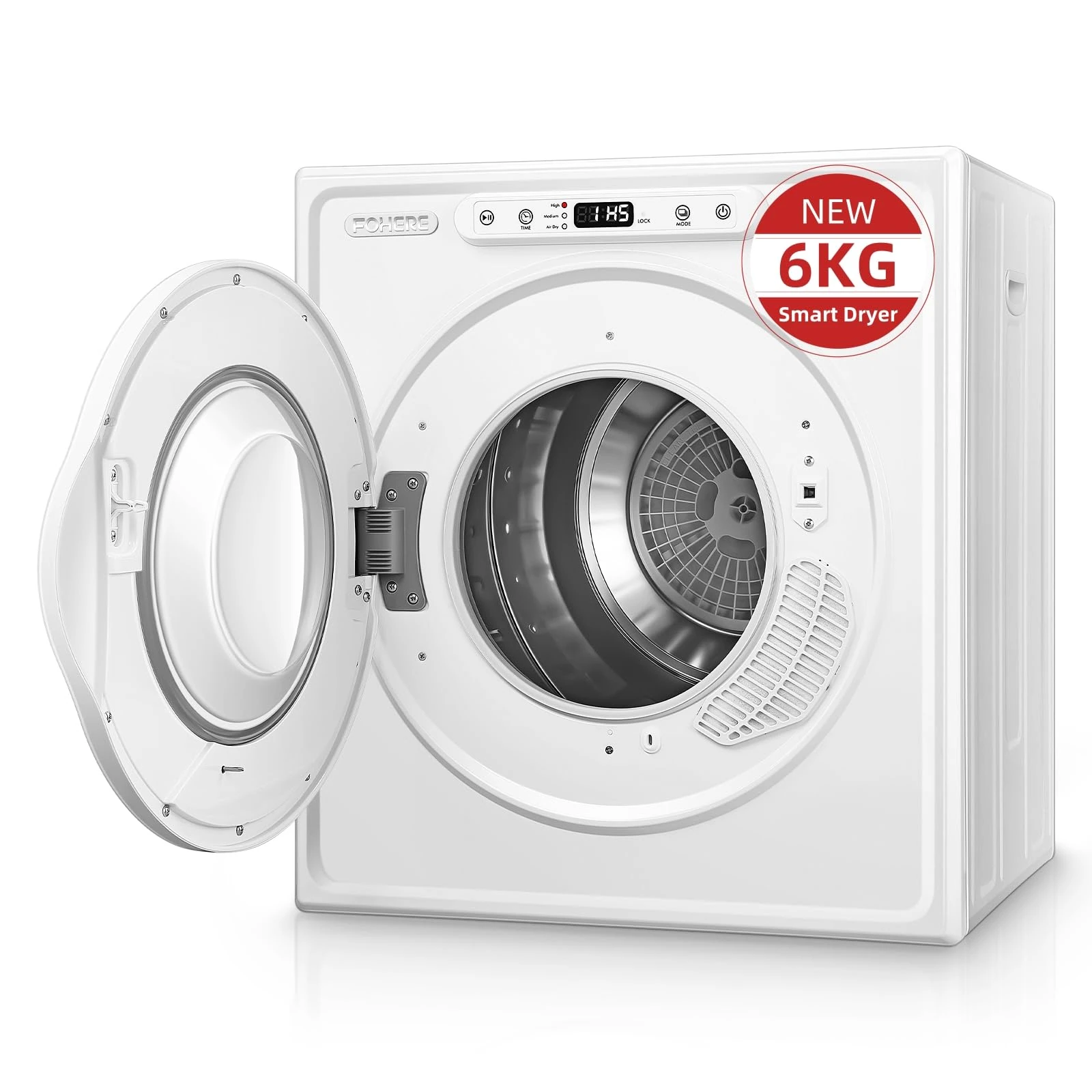 6KG Vented Tumble Dryer, FOHERE 1500W Compact Smart Tumble Dryer, Stop Immediately when Clothes are Dry, LCD Display, with Child Lock, Crease Guard, for Apartment, Home, Dorm, RVs, White