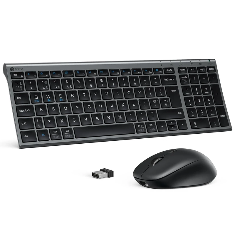 iClever Wireless Bluetooth Keyboard and Mouse Set, Rechargeable Dual-Mode (Bluetooth+2.4G) Wireless Mouse and Keyboard,Silent Compact USB Keyboard Mouse Combo for PC/Laptop/Windows/Mac,QWERTY Layout