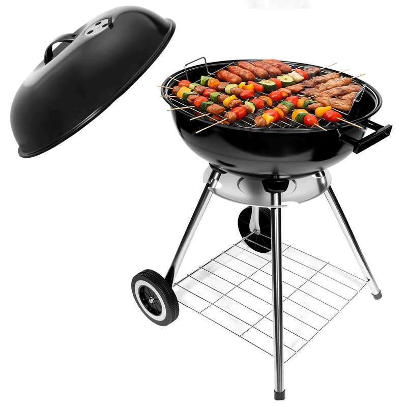 HYCHIKA Charcoal Barbecue BBQ Grill, Ø47cm 18 Inch Round Vertical Outdoor Barbecue Grill with Lid, Chrome Wheels Portable for Garden Balcony Camping