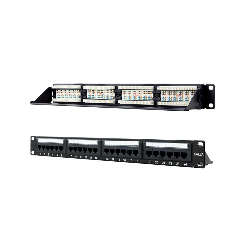 Category 6A UTP 24-Port Patch Panel, 19" 1U Size, Black, Ideal for configuring high-Speed and efficient Networks.